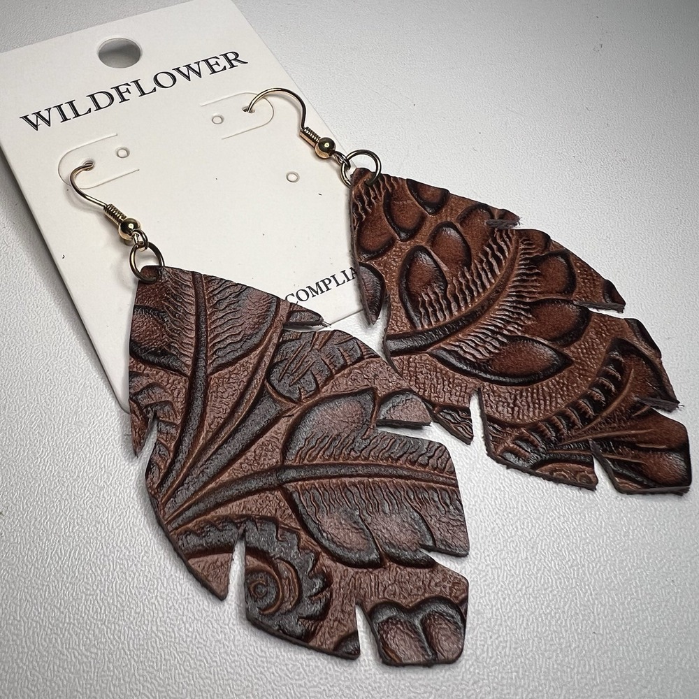Wildflower Brown Faux Leather Leaf Dangle/Drop Hook Earrings Nickel-Free 2.5 in